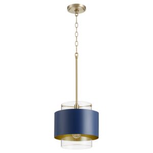 Glass Cylinder Drum Pendants 1-Light Pendant in Aged Brass w with Blue