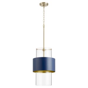 Glass Cylinder Drum Pendants 1-Light Pendant in Aged Brass w with Blue