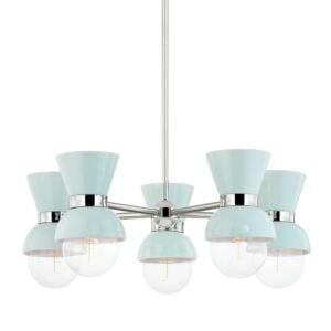 Gillian 5-Light Chandelier in Polished Nickel with Ceramic Gloss Robins Egg Blue