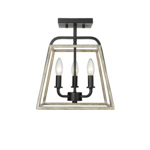 Bonnie 3-Light Semi-Flush Mount in Matte Black Grey Wood