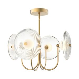 Hera LED Pendant in Brushed Gold with Clear Ribbed Glass