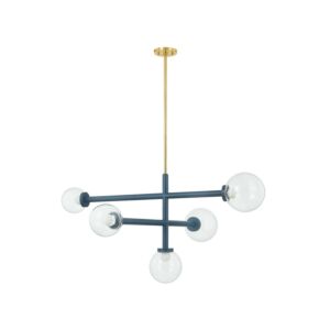 Sia 5-Light Chandelier in Aged Brass with Slate Blue